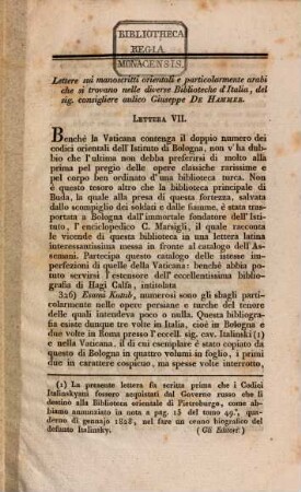 Lettere sui manoscritti orientali e particolarmente arabi che si trovano nelle diverse Biblioteche d'Italia : Lettera VII