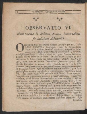 Observatio VI. Num vocata in dubium Animae Immortalitas fit indicium Atheismi?