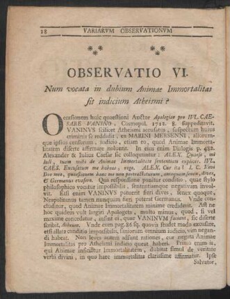 Observatio VI. Num vocata in dubium Animae Immortalitas fit indicium Atheismi?