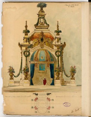 Gartenbauausstellung, Berlin. Eingangspavillon Monatskonkurrenz Dezember 1889: Grundriss, Aufriss Vorderansicht; 2 Maßstabsleisten