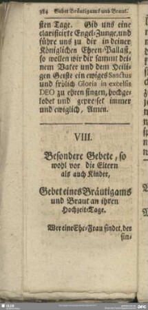 VIII. Besondere Gebete, so wohl vor die Eltern als auch Kinder