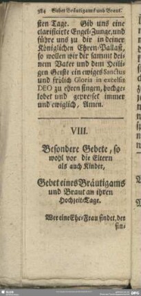 VIII. Besondere Gebete, so wohl vor die Eltern als auch Kinder