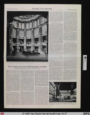 [Zeitungsartikel in der Frankfurter Allgemeinen Zeitung vom 29.7.1967:"Wo Casanova zu einem Philosophen wurde", mit zwei Abbildungen der Bibliotheksinnenräumen].