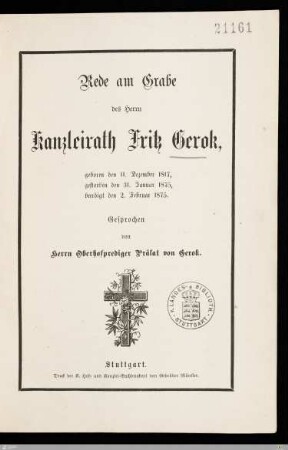 Rede am Grabe des Herrn Kanzleirath Fritz Gerok : geboren den 11. Dezember 1817, gestorben den 31. Januar 1875, beerdigt den 2. Februar 1875