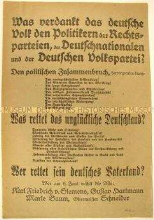 Programmatischer Wahlaufruf der Demokraten gegen die Deutschnationale Volkspartei und die Deutsche Volkspartei.