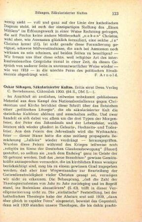 123-124 [Rezension] Söhngen, Oskar, Säkularisierter Kultus