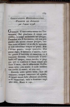 Osservazioni Meteorologiche Mediche ed Agrarie per l´anno 1798.