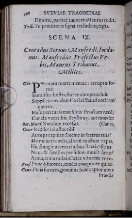 Scena IX. Conradus. Servus Manfredi. Iordanus. Manfredus. Praefectus Urbis. Maurus Tribunus. Milites