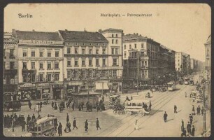 Ansichtskarte Straßenkreuzung mit Passanten und Pferdekutschen, Moritzplatz