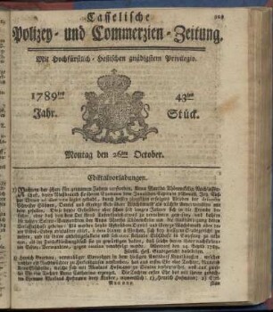 43tes Stueck, Montag den 26ten October. 1789