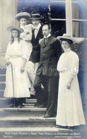 August Wilhelm von Preußen mit seiner Braut Alexandra Viktoria, Harald von Dänemark mit seiner Braut Helena und Prinzessin Margarethe