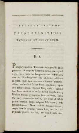 Specimen Sistens Paraphrenitidis Rationem Et Curationem.