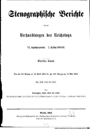 Verhandlungen des Reichstages. Stenographische Berichte. 82. 1884/85