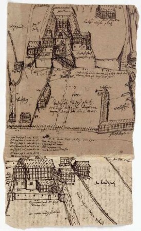 Rückerode, ehem. Burg und Gutshof (recto, oben + unten), Melsungen, Landgrafenschloss (verso, links), Rückerode, Schriftstück (verso, rechts)