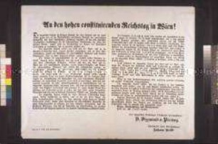 Maueranschlag: Offener Brief des Vizepräsidenten des Ungarischen Reichstages Pereny an den Reichstag in Wien; Pest, 10. Oktober 1848