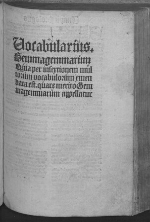 Vocabularius, gemma gemmarum : qui per insertionem multorum vocabulorum emendata est ; quare merito Gemma gemmarum appellatur