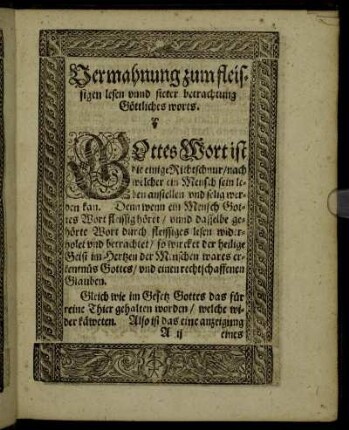 Vermahnung zum fleissigen lesen unnd steter betrachtung Göttliches worts.