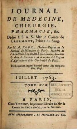 Journal de médecine, chirurgie, pharmacie. 19. 1763