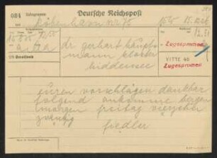 Brief von Hermann Georg Fiedler an Gerhart Hauptmann