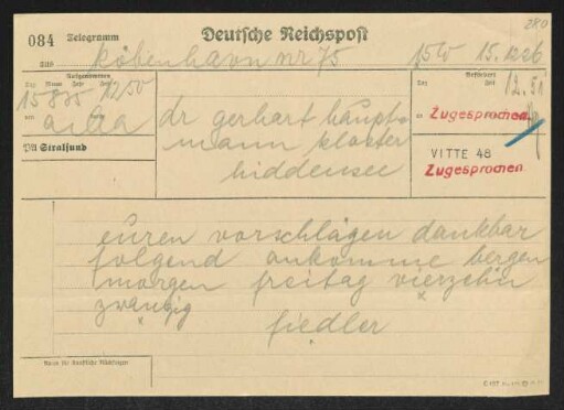 Brief von Hermann Georg Fiedler an Gerhart Hauptmann