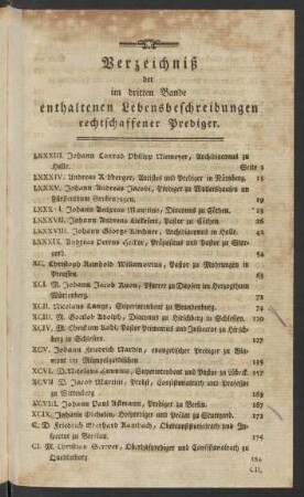Verzeichniß der im dritten Bande enthaltenen Lebensbeschreibungen rechtschaffener Prediger.