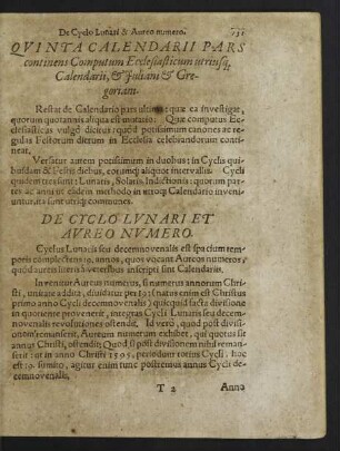 Quinta Calendarii Pars continens Computum Ecclesiasicum utriusq[ue] Calendarii, et Juliani et Gregoriani.