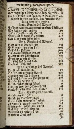 Das dritte absonderliche Register/ welches diejenigen Kirchen-Gesänge begreifft/ so mit den Sonn- und Fest-tages Evangelien...