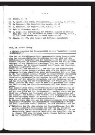 Zu einigen Aspekten der Frauenpolitik in den "sozialpolitischen Richtlinien" der SED vom 30.12.1946