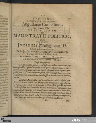 Articulus XVI. De Magistratu Politico.