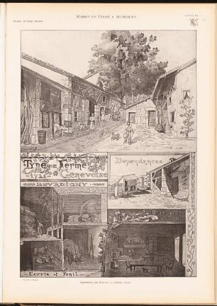 Bauernhaus, Bourdigny: Perspektivische Ansichten, Perspektivische Innenansichten (aus: Das Bauernhaus in der Schweiz, hrsg.v. Schweiz. Ingenieur- und Architektenverein, 1903)