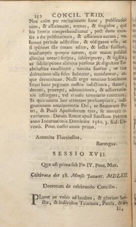 Sessio XVII. Quae est prima sub Pio IV. Pont. Max. Celebrata die 18. Mensis Januar. MDLXII. Decretum de celebrando Concilio.