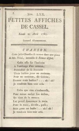 No LXX (Lundi 25 Avril 1785)