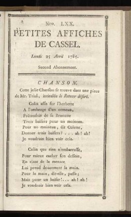 No LXX (Lundi 25 Avril 1785)