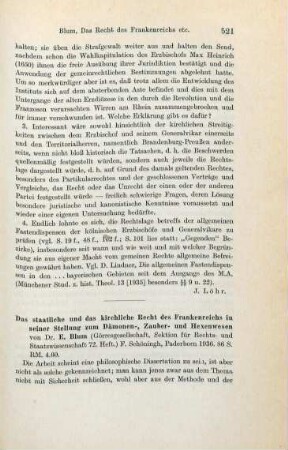 521-522 [Rezension] Blum, Elisabeth, Das staatliche und kirchliche Recht des Frankenreichs in seiner Stellung zum Dämonen-, Zauber- und Hexenwesen
