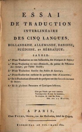 Essai de traduction interlineaire des cinq langues holl. allem. dan. ...