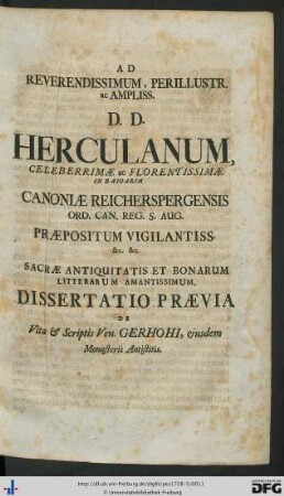 Ad Reverendissimum, Perillustr. Ac Ampliss. D. D. Herculanum ...