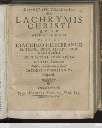 Dissertatio Theologica De Lachrymis Christi