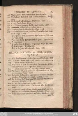 Medici, Mathem. & Philosoph. In Quarto.