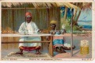 Sammelbild der Serie 115 "Weberei bei verschiedenen Völkern. Ostafrikanische Neger (Suaheli) am Webstuhl", mit Werbung für Tell-Kakao der Firma Hartwig und Vogel; um 1900