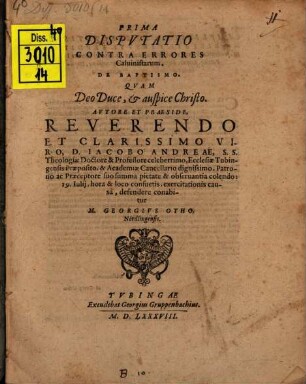 Prima disputatio Contra Errores Calvinistarum De baptismo