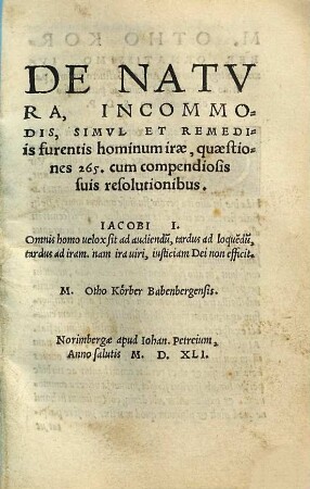 De natura, incommodis, simul et remediis furentis hominum irae, quaestiones 265