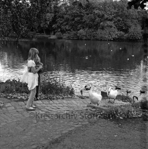 Neuhöfer Teich: Ufer, gepflasterte Rinne: zwei Mädchen beim Füttern der Wasservögel: zwei Schwäne watscheln an Land: Enten: hinten gegenüberliegendes Ufer
