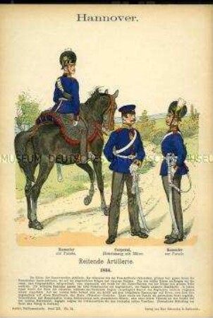 Uniformdarstellung, Kanoniere und Korporal der Reitenden Artillerie, Königreich Hannover, 1866.