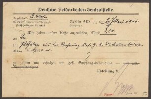 Mitteilungskarte "Deutsche Feldarbeiter-Zentralstelle", Hafenplatz 4