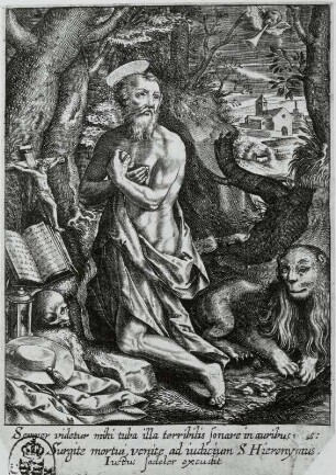 Heiliger Hieronymus : Sadeler, Justus: Der heilige Hieronymus. Kupferstich; 109 x 77 mm. Dresden: Kupferstich-Kabinett A 43268 in A 1155,2