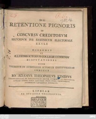 De Retentione Pignoris In Concvrsv Creditorvm Secvndvm Ivs Saxonicvm Electorale Exvle