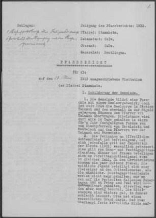 Stammheim (Calw): Pfarrbericht 1933