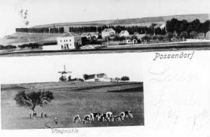 Bannewitz-Possendorf. Windmühle und Ortsansicht, kolorierte Ansichtskarte 1906, Repro