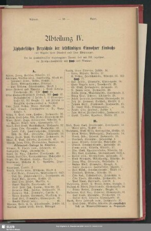 Abteilung IV. Einwohnerverzeichnis : Abteilung IV. Alphabetisches Verzeichnis der selbständigen Einwohner Limbachs mit Angabe ihres Standes und ihrer Wohnungen
