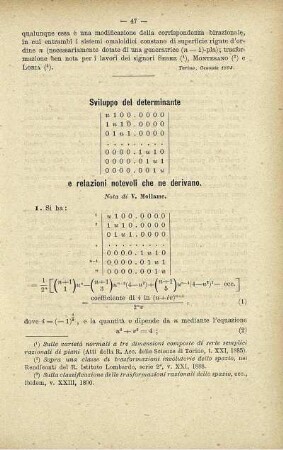 Sviluppo del determinante e relazioni notevoli che ne derivano.